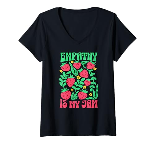 Damen Empathy is My Jam Kindness Retro 70er Jahre Erdbeere Boho Floral T-Shirt mit V-Ausschnitt Damen Empathy is My Jam Kindness Retro 70er Jahre Erdbeere Boho Floral T-Shirt mit V-Ausschnitt von Inspirational Boho Floral Designs for Women & Men