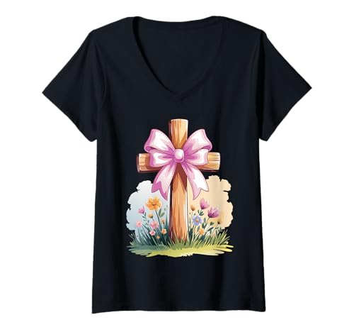Damen Faith Holzkreuz rosa Schleife Floral Frühling Christian T-Shirt mit V-Ausschnitt Damen Faith Holzkreuz rosa Schleife Floral Frühling Christian T-Shirt mit V-Ausschnitt von Inspirational Christian Cross Floral Spring Gift