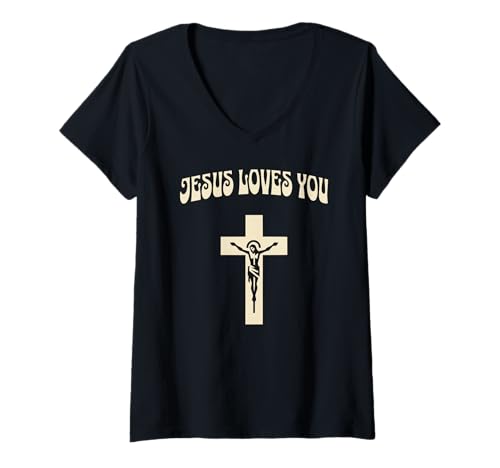 Damen Jesus Loves You Bold Cross Cruzifixion Graphic T-Shirt mit V-Ausschnitt Damen Jesus Loves You Bold Cross Cruzifixion Graphic T-Shirt mit V-Ausschnitt von Inspirational Christian Faith Designs