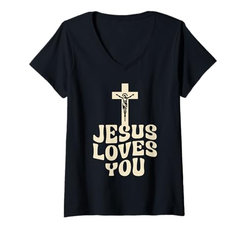 Damen Jesus Loves You Cross Cruzifixion Graphic T-Shirt mit V-Ausschnitt Damen Jesus Loves You Cross Cruzifixion Graphic T-Shirt mit V-Ausschnitt von Inspirational Christian Faith Designs