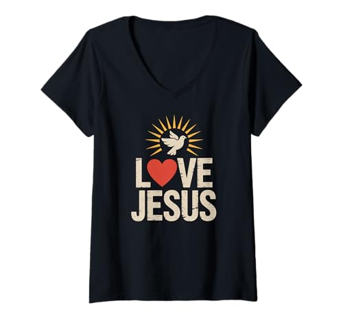 Damen Liebe Jesus Heart Dove Sunburst Botschaft T-Shirt mit V-Ausschnitt Damen Liebe Jesus Heart Dove Sunburst Botschaft T-Shirt mit V-Ausschnitt von Inspirational Faithful Expressions