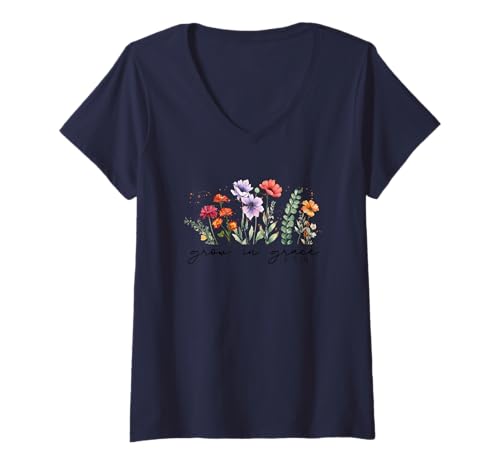 Damen Grow In Grace 2 Peter 3:18 Inspirierend T-Shirt mit V-Ausschnitt Damen Grow In Grace 2 Peter 3:18 Inspirierend T-Shirt mit V-Ausschnitt von Inspirational Faithful Flourish Serenity