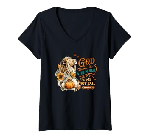 Damen God is Within She Will Not Fail T-Shirt mit V-Ausschnitt Damen God is Within She Will Not Fail T-Shirt mit V-Ausschnitt von Inspirational Faithful Lioness Strength