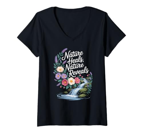 Damen Die Natur heilt Die Natur enthüllt inspirierende Wasserfallblumen T-Shirt mit V-Ausschnitt Damen Die Natur heilt Die Natur enthüllt inspirierende Wasserfallblumen T-Shirt mit V-Ausschnitt von Inspirational Hiking Nature Outdoor Floral Apparel