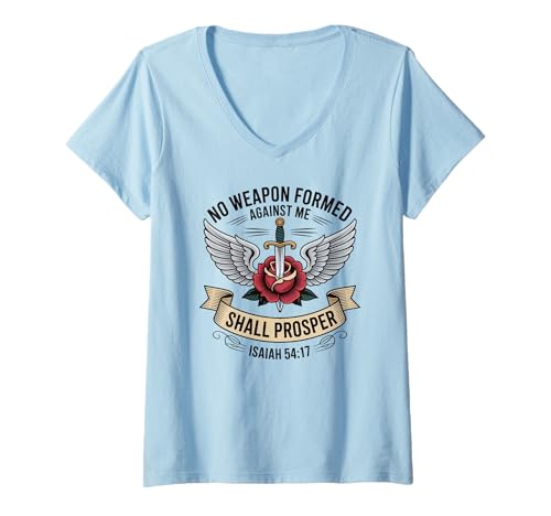 Damen Divine Protection Religious Woman Isaia 54:17 scripture T-Shirt mit V-Ausschnitt Damen Divine Protection Religious Woman Isaia 54:17 scripture T-Shirt mit V-Ausschnitt von Inspirational Message Christian Woman