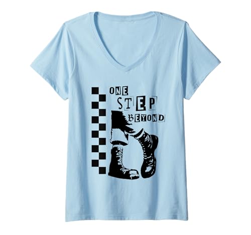 Damen Zweifarbiges Ska One Step Beyond Music Checkerboard T-Shirt mit V-Ausschnitt Damen Zweifarbiges Ska One Step Beyond Music Checkerboard T-Shirt mit V-Ausschnitt von Inspirational Music and Pick It up Beats