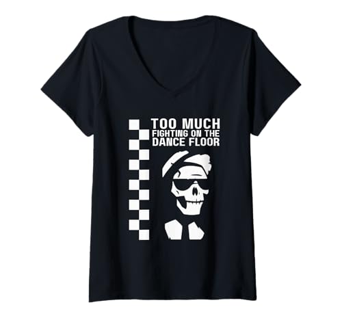 Damen Zweifarbiges Ska Too Much Fighting Skelett T-Shirt mit V-Ausschnitt Damen Zweifarbiges Ska Too Much Fighting Skelett T-Shirt mit V-Ausschnitt von Inspirational Music and Pick It up Beats