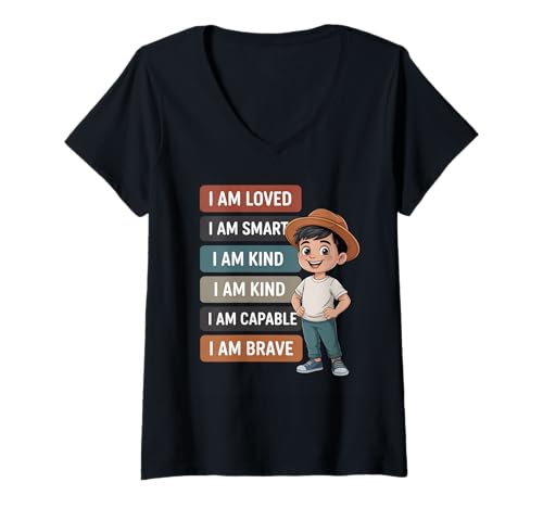 Damen Positive Affirmationen, die Sagen, DASS ich geliebt werde, klug, nett, mutig T-Shirt mit V-Ausschnitt Damen Positive Affirmationen, die Sagen, DASS ich geliebt werde, klug, nett, mutig T-Shirt mit V-Ausschnitt von Inspirational Quote Kids Confidence Empowerment