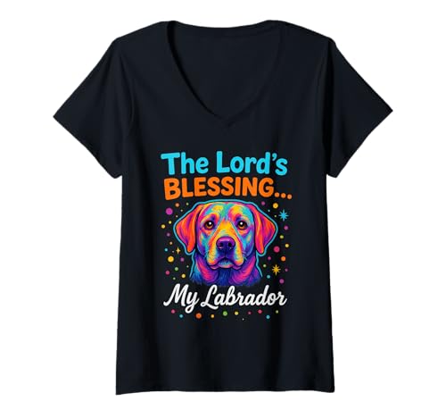 Damen Buntes Labrador-Hund, der Segen des Herrn, lustiges religiöses Haustier T-Shirt mit V-Ausschnitt Damen Buntes Labrador-Hund, der Segen des Herrn, lustiges religiöses Haustier T-Shirt mit V-Ausschnitt von Inspirational Religious Dog Art Christian Quotes