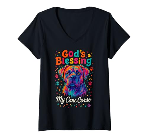 Damen God's Blessing Cane Corso Dog Paw Faith Colorful Dot Design T-Shirt mit V-Ausschnitt Damen God's Blessing Cane Corso Dog Paw Faith Colorful Dot Design T-Shirt mit V-Ausschnitt von Inspirational Religious Dog Art Christian Quotes