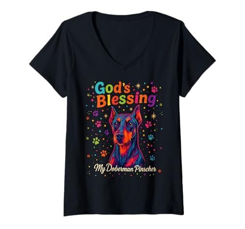 Damen God's Blessing Dobermann Pinscher Faith Colorful Dot Design T-Shirt mit V-Ausschnitt Damen God's Blessing Dobermann Pinscher Faith Colorful Dot Design T-Shirt mit V-Ausschnitt von Inspirational Religious Dog Art Christian Quotes