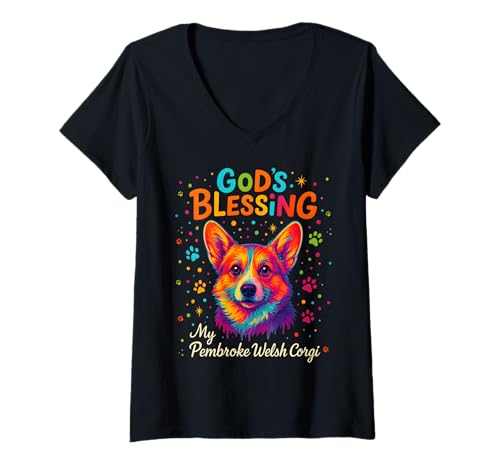 Damen God's Blessing Pembroke Welsh Corgi Dog Paw Faith Colorful T-Shirt mit V-Ausschnitt Damen God's Blessing Pembroke Welsh Corgi Dog Paw Faith Colorful T-Shirt mit V-Ausschnitt von Inspirational Religious Dog Art Christian Quotes