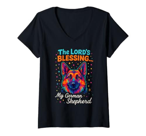Damen The Lords Blessing Deutscher Schäferhund Glaube, buntes Design T-Shirt mit V-Ausschnitt Damen The Lords Blessing Deutscher Schäferhund Glaube, buntes Design T-Shirt mit V-Ausschnitt von Inspirational Religious Dog Art Christian Quotes