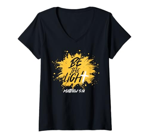 Damen Christlicher Bibelvers Be The Light Matthäus 5:14 T-Shirt mit V-Ausschnitt von Inspirational Religious Faith Jesus God HS0