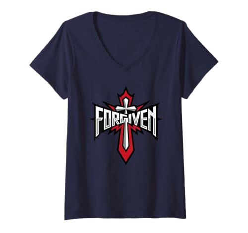 Damen Forgiven Christian Cross Grafik T-Shirt mit V-Ausschnitt Damen Forgiven Christian Cross Grafik T-Shirt mit V-Ausschnitt von Inspirational Scripture Tee Co.