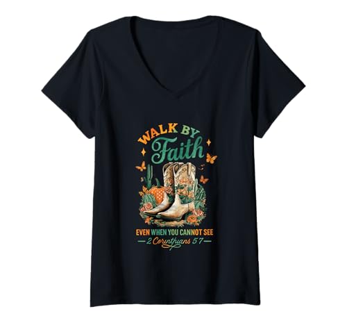 Damen Wandle im Glauben, auch wenn du Nichts sehen Kannst T-Shirt mit V-Ausschnitt Damen Wandle im Glauben, auch wenn du Nichts sehen Kannst T-Shirt mit V-Ausschnitt von Inspirational Western Spiritual Quotes Nature