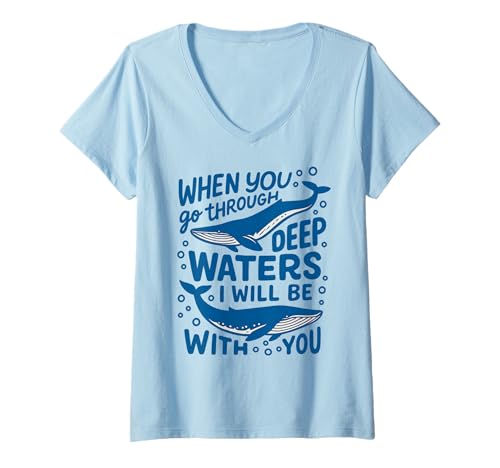 Damen Christian Deep Waters Whale Bibelvers Jesaja 43:2 Zitat T-Shirt mit V-Ausschnitt Damen Christian Deep Waters Whale Bibelvers Jesaja 43:2 Zitat T-Shirt mit V-Ausschnitt von Inspirational Whale Bible Verse Faith Quote