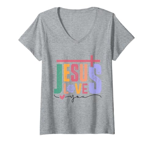 Damen Jesus liebt Dich Christlicher Glaube, Design-Inspiration T-Shirt mit V-Ausschnitt Damen Jesus liebt Dich Christlicher Glaube, Design-Inspiration T-Shirt mit V-Ausschnitt von Inspired Christian Designs