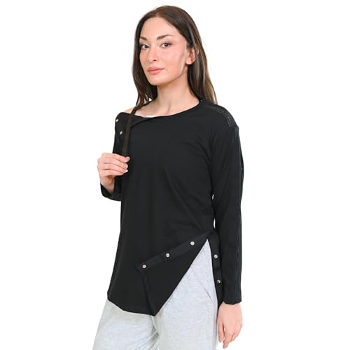Inspired Comforts Damen-Shirt nach Operationen, zum Abreißen, Schwarz mit langen Ärmeln, Groß von Inspired Comforts