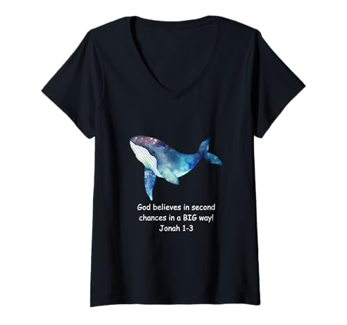 Damen Bibelvers Jonah Wal Fisch christlich religiös motivierend T-Shirt mit V-Ausschnitt Damen Bibelvers Jonah Wal Fisch christlich religiös motivierend T-Shirt mit V-Ausschnitt von Inspired Words of Hope