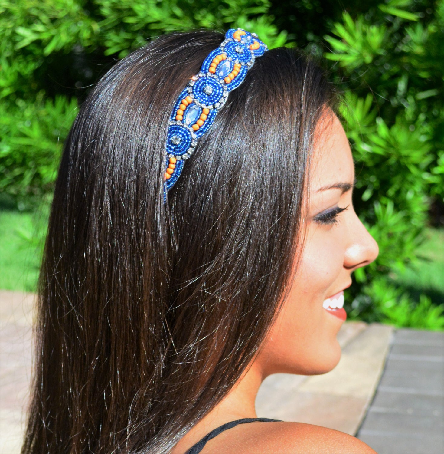 Hand Perlen Haarband - Verstellbares Kopfband Kristall Boho Spieltag Blaues Orange Florida Gators Hand Perlen Haarband - Verstellbares Kopfband Kristall Boho Spieltag Blaues Orange Florida Gators von InspiredElementsCo
