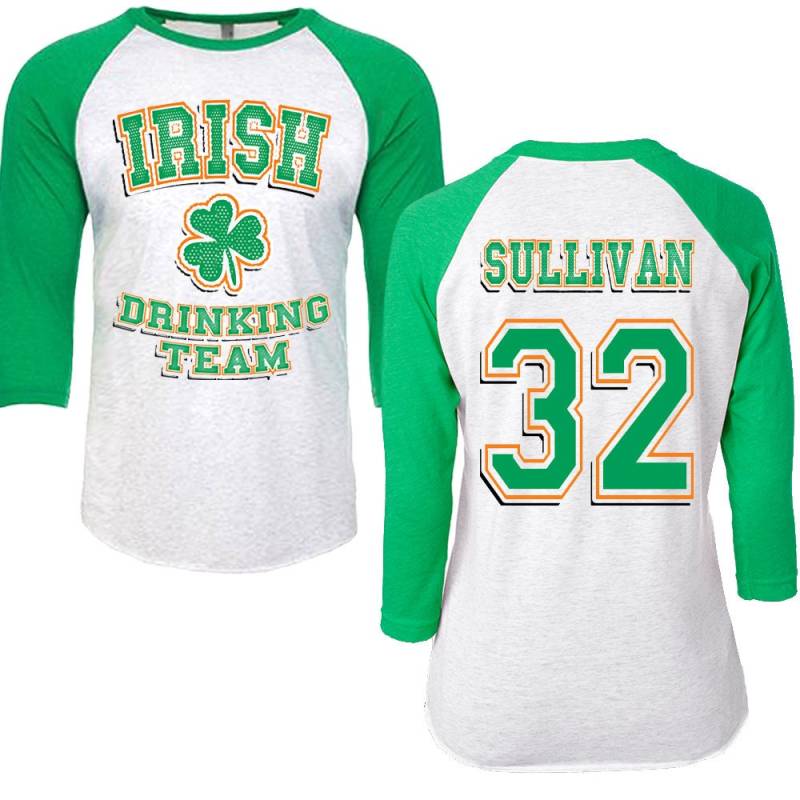 Irish Drinking Team - Personalisiert Mit Name & Nummer Unisex Tri-Blend 3/4 Ärmel Raglan Baseball T-Shirt Größen Xs-3Xl in 14 Farben von InspiredRebellion