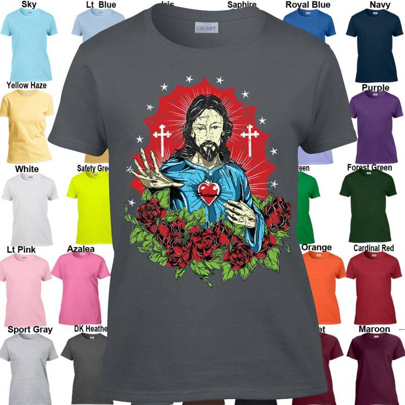 Jesus Heiliges Herz Rosen T-Shirt - Classic Fit Damen Größen Xs 3Xl Erhältlich in 21 Farben von InspiredRebellion