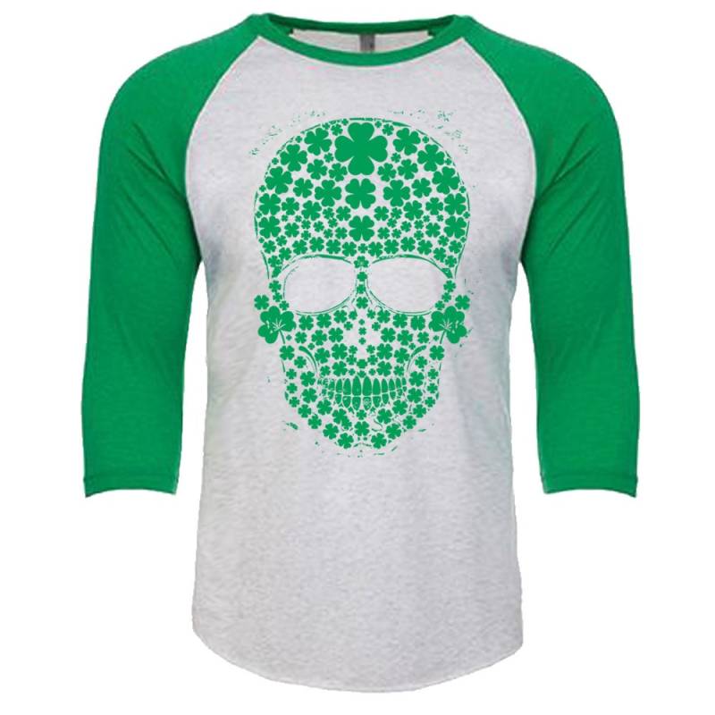 Shamrock Skull | Grüner Totenkopf Unisex Tri-Blend 3/4 Ärmel Raglan Baseball T-Shirt Größen Xs-3Xl in 14 Farben von InspiredRebellion