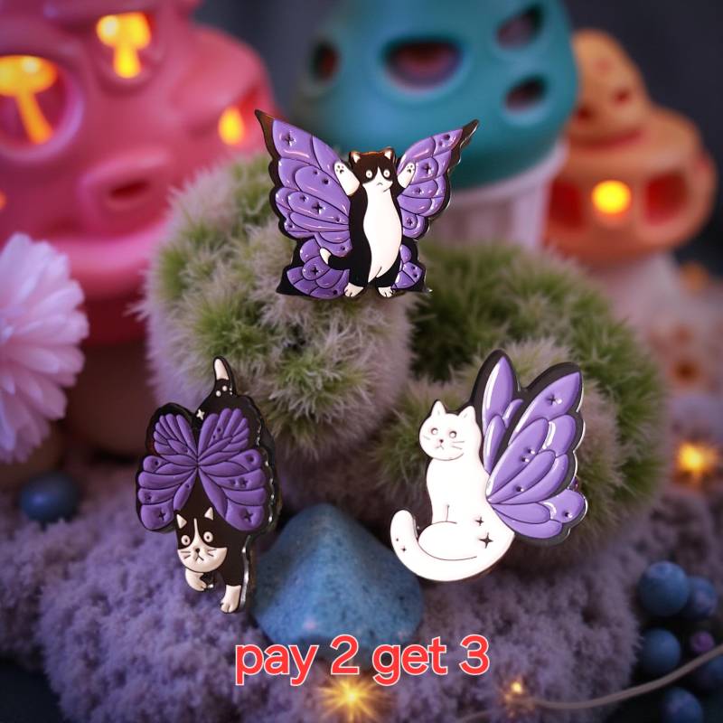 Anstecker 3Er Set Katterfly Katzen Schmetterling Katze Lila Schwarz Lustiger Pin Tiere Black Cat Weiße von InspiredbyJulez