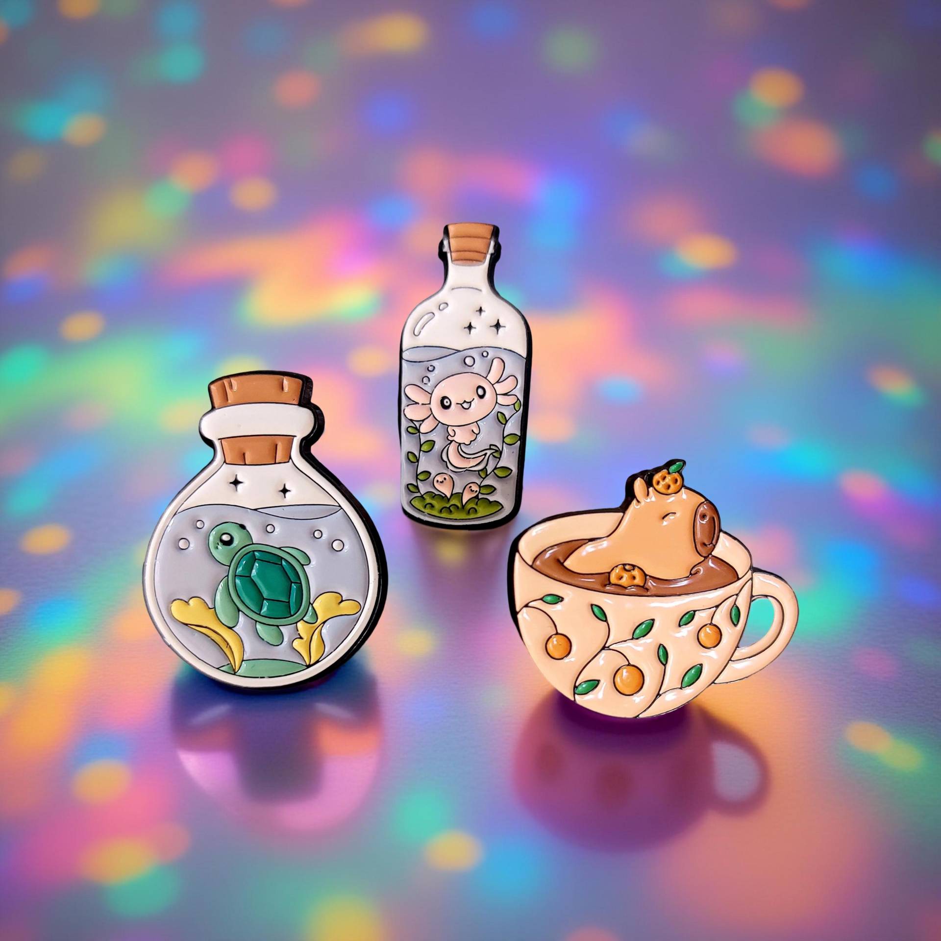 Anstecker 3Er Set Tiere in Cups Capybara Schildkröten Axolotl Meerestiere Grün Rosa Braun Cupybara Cute Hard Enamel Pin Art Design von InspiredbyJulez