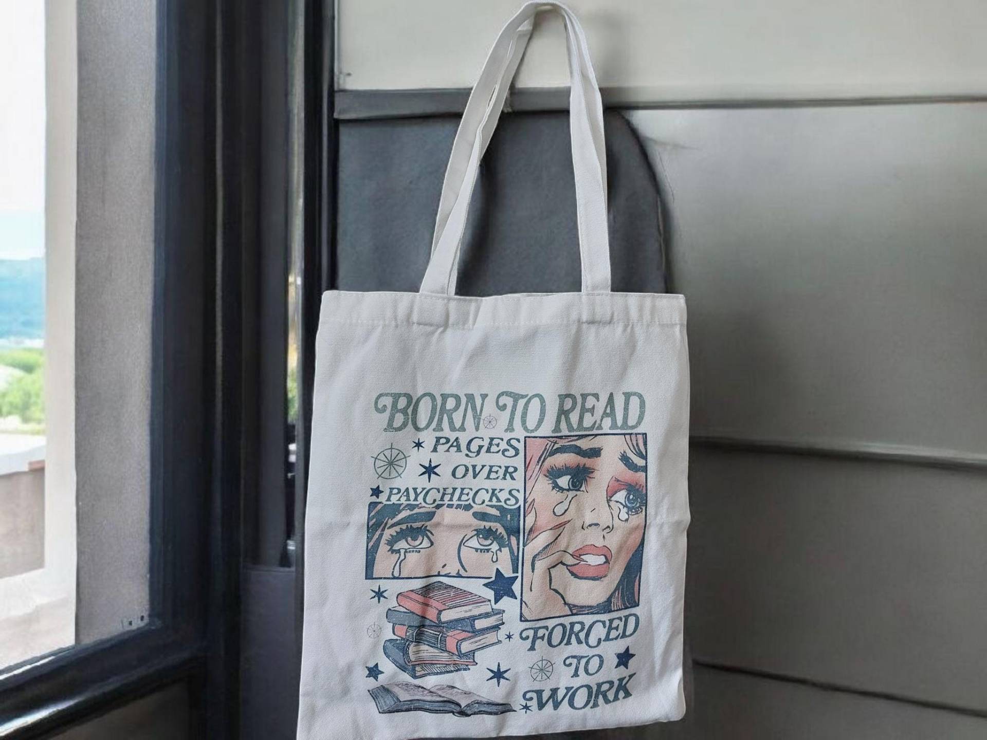 Canvas Tasche Born To Read Forced Work Book Lover Booktrovert Reading Is My Passion Addict Print Lustige Druck Cute Bag von InspiredbyJulez