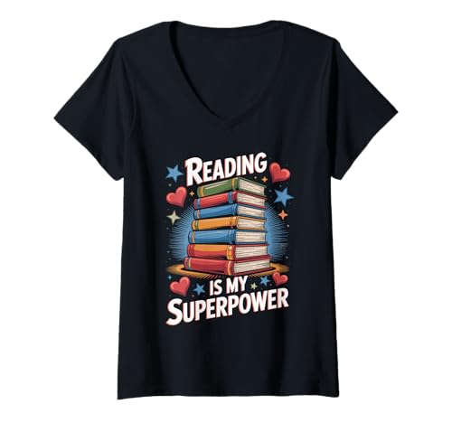 Damen Reading is My Superpower Bunte Bücherstapel Buchliebhaber T-Shirt mit V-Ausschnitt Damen Reading is My Superpower Bunte Bücherstapel Buchliebhaber T-Shirt mit V-Ausschnitt von Inspirierende Buchwurm Student Lehrer Bibliothekar