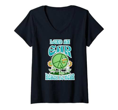 Damen Leih EIN Ohr Sei Nah Friedenssymbol Botschaft T-Shirt mit V-Ausschnitt Damen Leih EIN Ohr Sei Nah Friedenssymbol Botschaft T-Shirt mit V-Ausschnitt von Inspirierte Freundlichkeit und Mitgefühl Fans