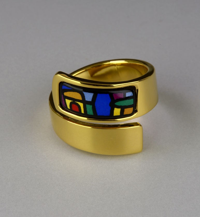 Limoges Serie Emaille 18K Vergoldeter Ring Aus Titanstahl Limoges Serie Emaille 18K Vergoldeter Ring Aus Titanstahl von InspiringEnamel