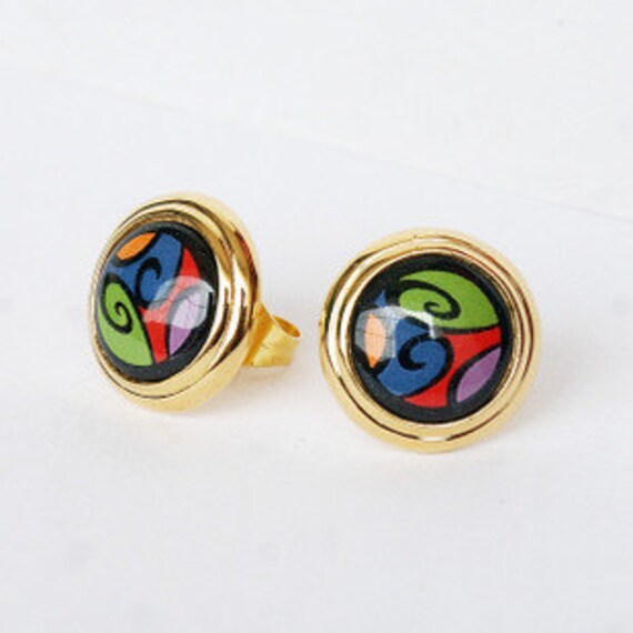 Tahiti Serie Emaille 18K Vergoldete Ohrringe Aus Titan Stahl von InspiringEnamel