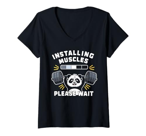 Damen Cool Panda Installing Muscles Please Wait Gym Fitness Funny T-Shirt mit V-Ausschnitt Damen Cool Panda Installing Muscles Please Wait Gym Fitness Funny T-Shirt mit V-Ausschnitt von Installing Muscles Please Wait