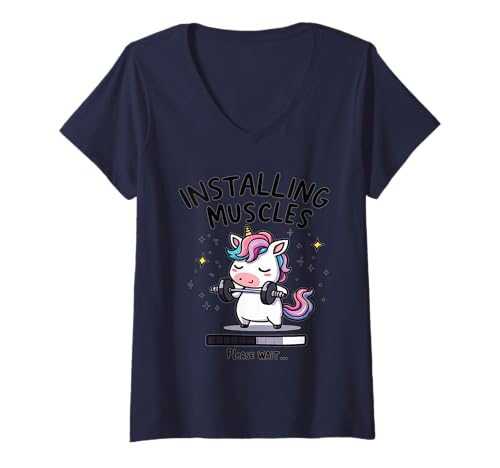 Damen Muskelaufbau Bitte warten Sie Gewichtstraining Einhorn T-Shirt mit V-Ausschnitt von Installing Muscles Please Wait