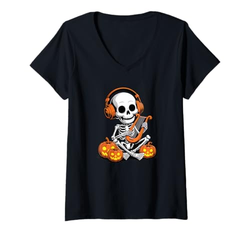Damen Halloween Skelett Leierspieler Lyraspieler T-Shirt mit V-Ausschnitt von Instrument Musician Player Gifts