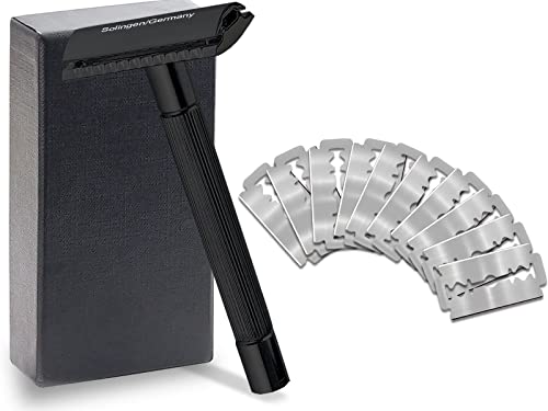 Rasierer Herren aus Solingen Nassrasierer Rasierhobel Made in Germany mit geschlossenem Kamm Sicherheitsrasierer mit 10 Rasierklingen für eine perfekte Bartpflege (Edelstahl Griff Schwarz) von InstrumenteNrw