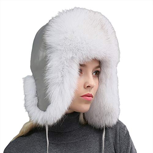 Insun Damen Fliegermütze Fellmütze Pelzmütze Wintermütze Faux Fuchs Fell Warm Weich Hut Weiß Grau 52-60cm von Insun