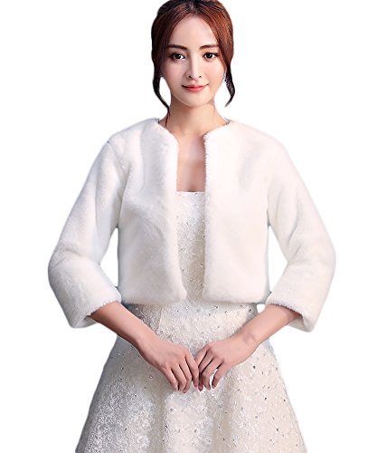 Insun Damen Kunstpelz Brautbolero Bolero Brautjacke Cape Brautstola mit Ärmel Hochzeitsjacke Hochzeit Schal Elfenbein One size von Insun