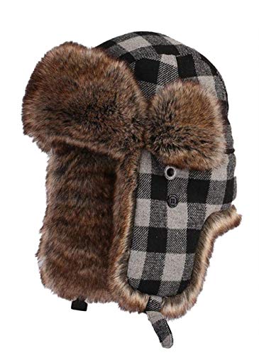 Insun Unisex Fliegermütze Warme Trappermütze Wintermütze Fellmütze Erwachsenen Winter Mütze für Herren und Damen Plaid Grau L Hut Umfang 56cm von Insun