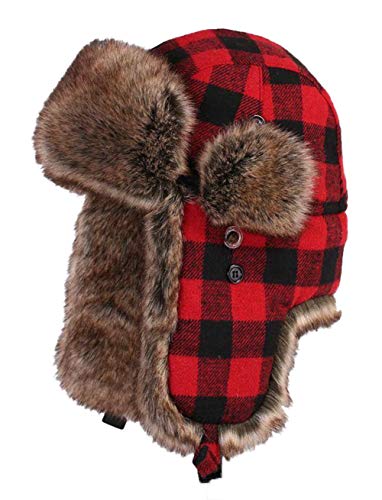 Insun Unisex Fliegermütze Warme Trappermütze Wintermütze Fellmütze Erwachsenen Winter Mütze für Herren und Damen Plaid Rot L Hut Umfang 56cm von Insun