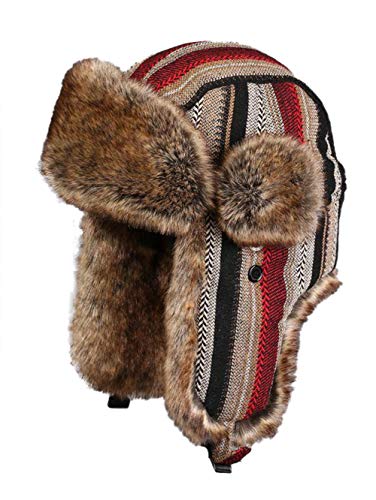 Insun Unisex Fliegermütze Warme Trappermütze Wintermütze Fellmütze Erwachsenen Winter Mütze für Herren und Damen Streifen Rot Khaki L Hut Umfang 56cm von Insun