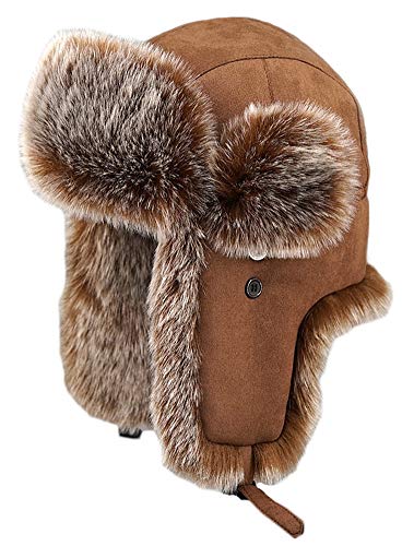 Insun Unisex Fliegermütze Wildleder Winddicht Trappermütze Warme Kunstfell Russische Mütze Braun L von Insun