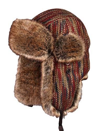 Insun Unisex Fliegermütze mit Kunstfell Warme Trappermütze Gestrickt Wintermütze Erwachsenen Winter Mütze für Herren Rötlich Braun L Hut Umfang 58cm von Insun