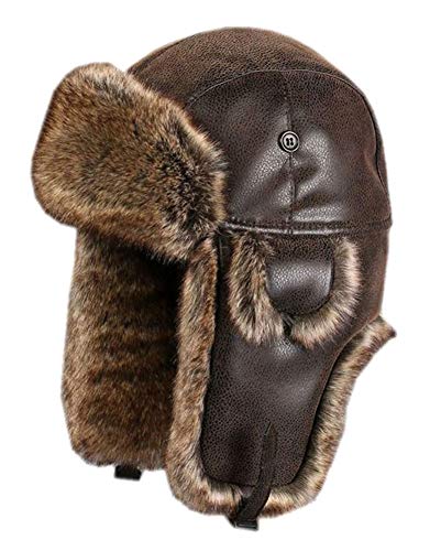 Insun Unisex Wintermütze Fliegermütze Trappermütze mit Kunstleder Fellmütze Herren Russenmütze Braun L Hut Umfang 58cm von Insun