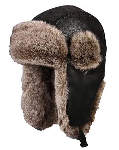 Insun Unisex Wintermütze Fliegermütze Trappermütze mit Kunstleder Fellmütze Herren Russenmütze Schwarz 1 L Hut Umfang 58cm von Insun