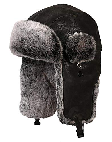 Insun Unisex Wintermütze Fliegermütze Trappermütze mit Kunstleder Fellmütze Herren Russenmütze Schwarz 2 L Hut Umfang 58cm von Insun