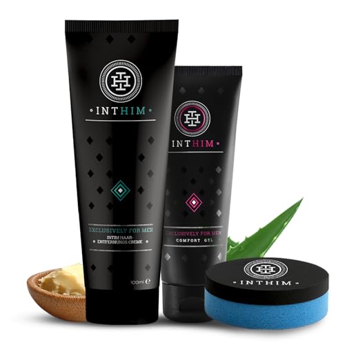 IntHim Enthaarungscreme Intimbereich Männer Doppelpack – Sanfte, gründliche Haarentfernungcreme ohne Rasur + DermaClean Pro Schwamm + Männer After Shave von IntHim
